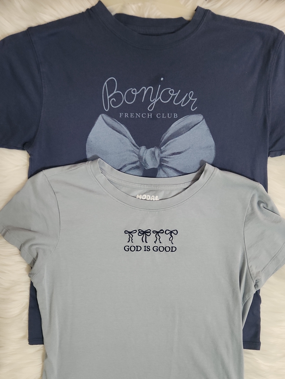 Bundle Of 2 Graphic Tees -Navy Bonjour with Bow - Blue God Is Good - J Size L
